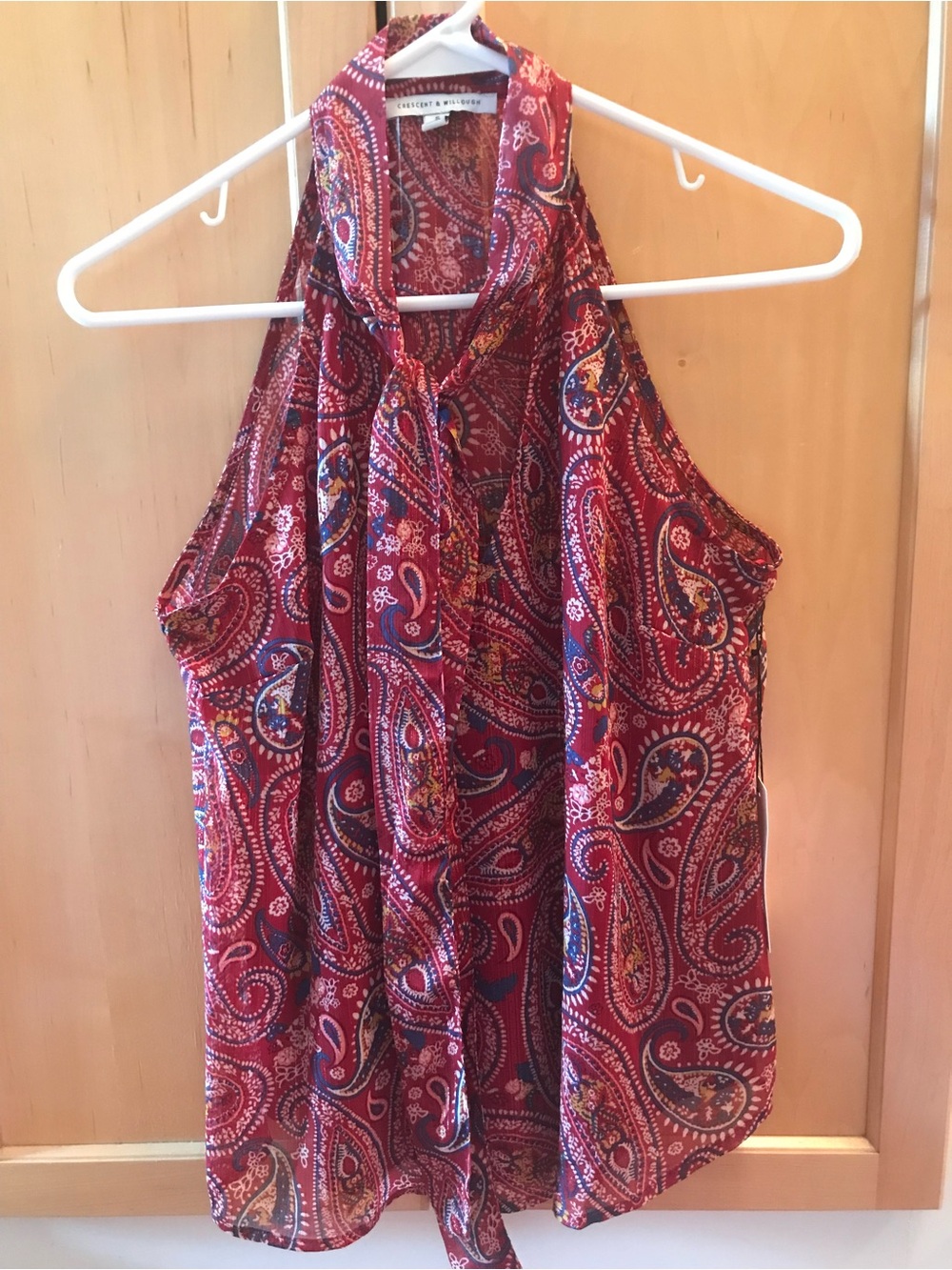 Sleeveless Red Paisley Tie-Neck Blouse Size S